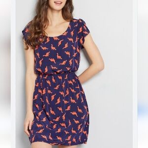 Modcloth - Peach Love California Orange and Navy Dinosaur Dress